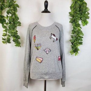 Derek Heart Y2k Colorful Patch Pullover Grey Long Sleeve Sweater Medium Unicorn